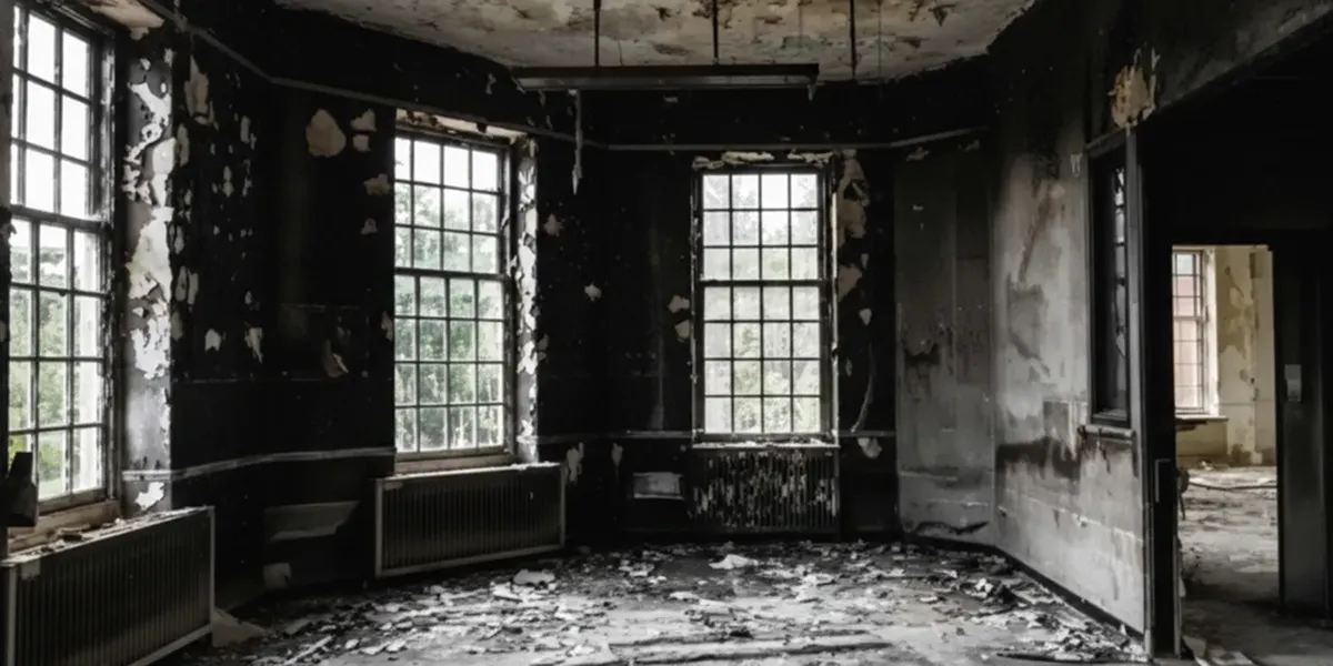 fire damage repair addressing severe interior damage and smoke residue inside a burned home in Miami, FL