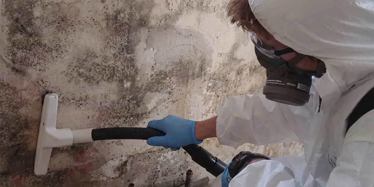 professional mold removal technician wearing protective equipment removing mold from a wall in Miami, FL